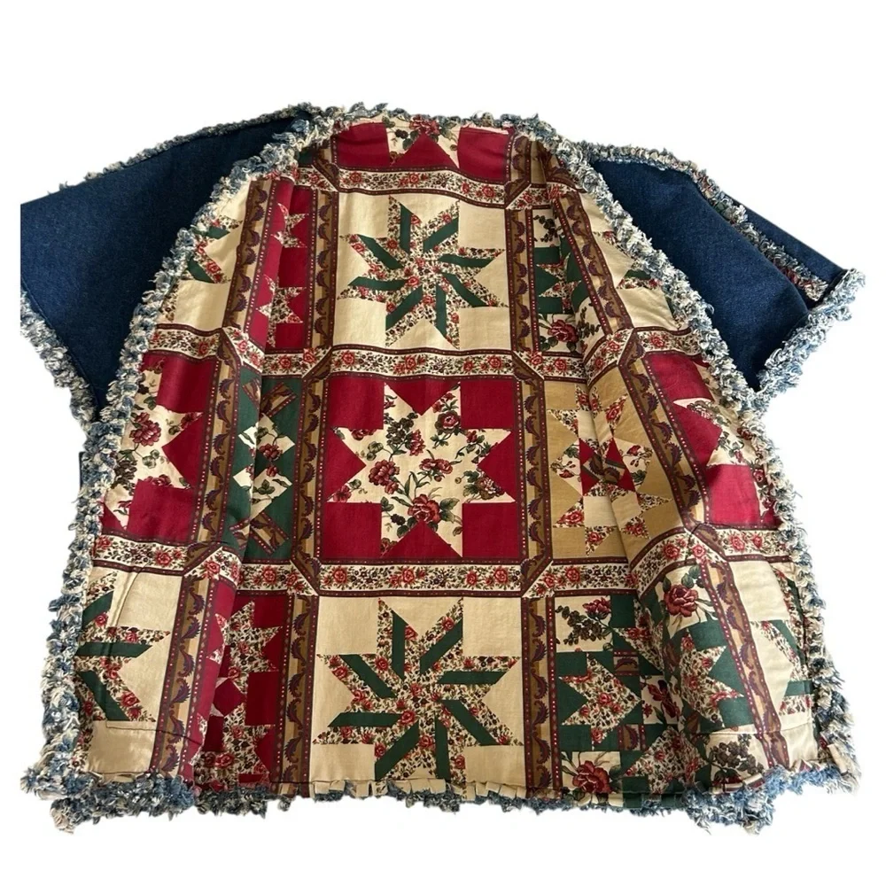 HANDMADE Vintage Denim Patchwork Kimono Jacket Heart Pockets Plaid Lining OSFM